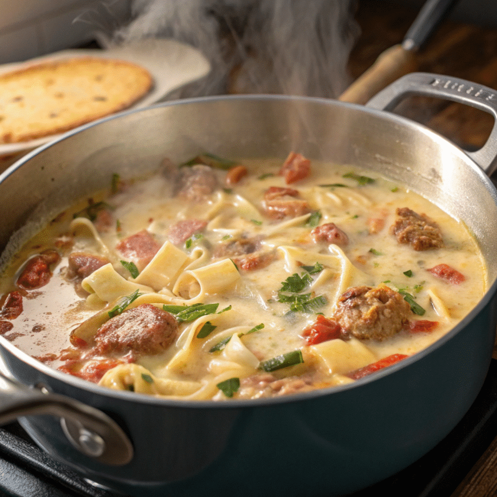 Creamy Alfredo Lasagna Soup – Rich, Cozy & Easy to Make 46 Creamy Alfredo lasagna soup cooking on the stove in a large pot