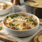 Creamy Alfredo Lasagna Soup – Rich, Cozy & Easy to Make 44 Creamy Alfredo lasagna soup beside a handwritten recipe card