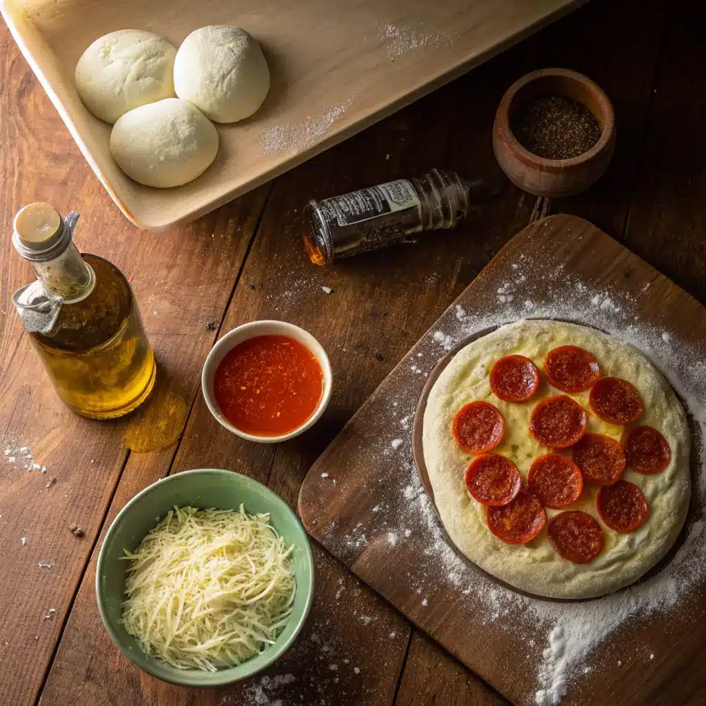 Hot Honey Pepperoni Pizza That Will Blow Your Mind 46 Ingredients for hot honey pepperoni pizza laid out on a wooden table