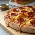 Hot Honey Pepperoni Pizza That Will Blow Your Mind 47 Finished hot honey pepperoni pizza with drizzle shown close-up