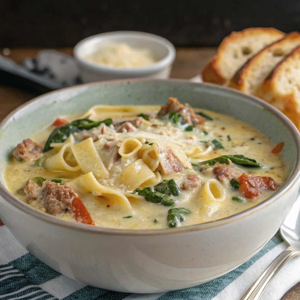 Creamy Alfredo Lasagna Soup – Rich, Cozy & Easy to Make 47 Bowls of creamy Alfredo lasagna soup served with rustic bread