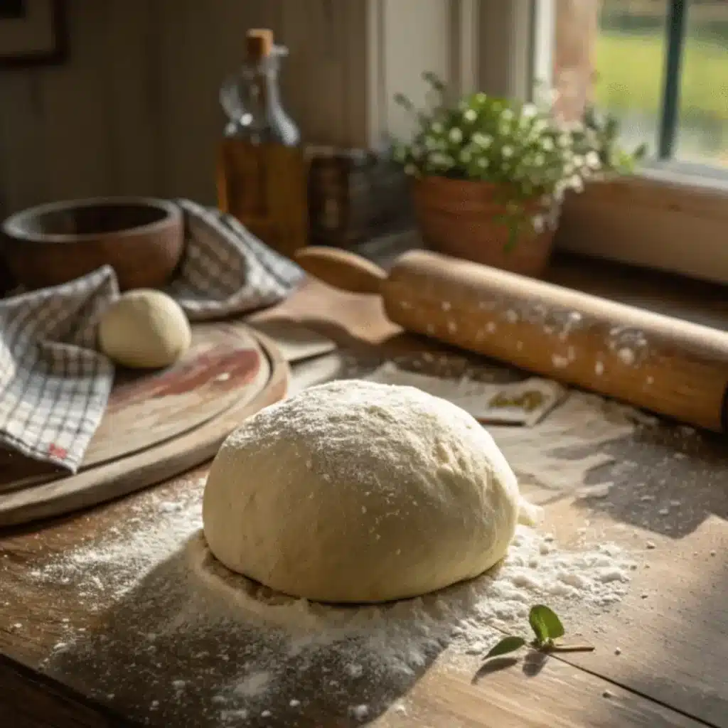 How to stretch pizza dough on a floured wooden surface