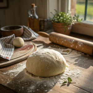 How to stretch pizza dough on a floured wooden surface