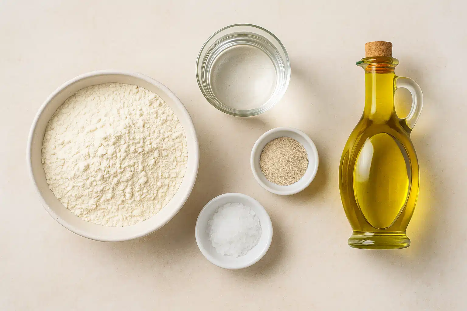 Authentic Italian pizza dough recipe ingredients: flour, water, yeast, salt, and olive oil, artfully arranged on a light background.