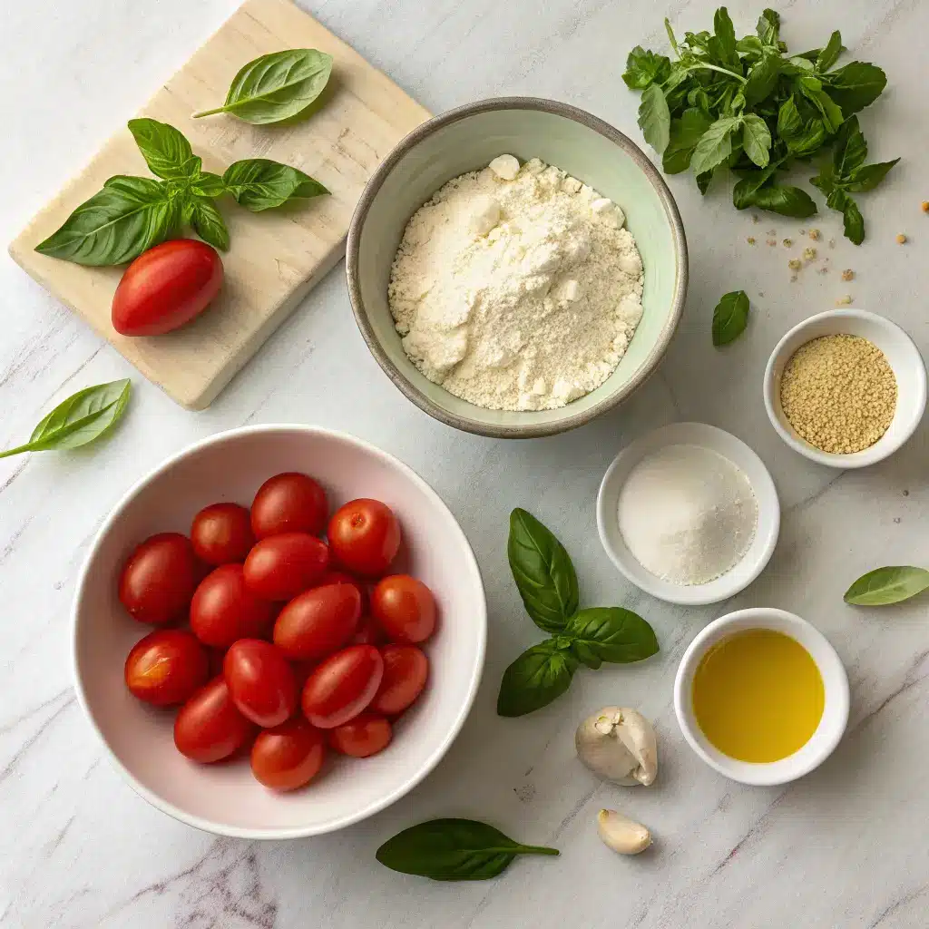 authentic-italian-pizza-ingredients Ingredients for authentic Italian pizza laid out on a rustic wooden table