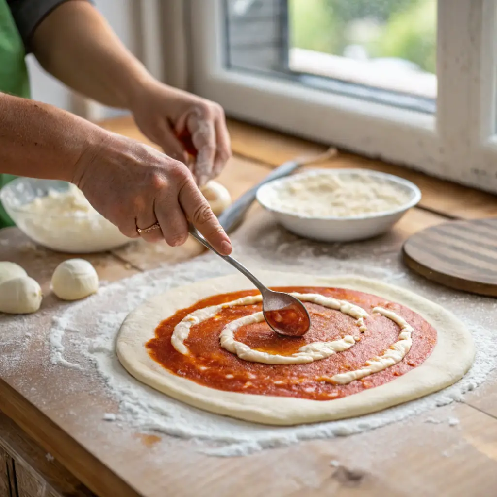 authentic-italian-pizza-making Hands shaping pizza dough and adding sauce and mozzarella in a home kitchen