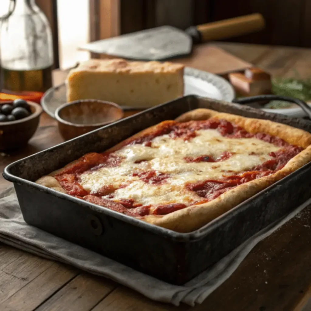 Authentic Sicilian pizza with golden crust fresh from the oven