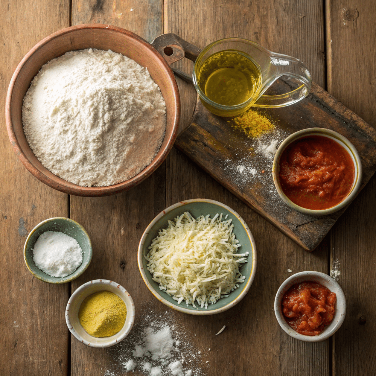 authentic-sicilian-pizza-ingredients Traditional ingredients for authentic Sicilian pizza on a wooden table