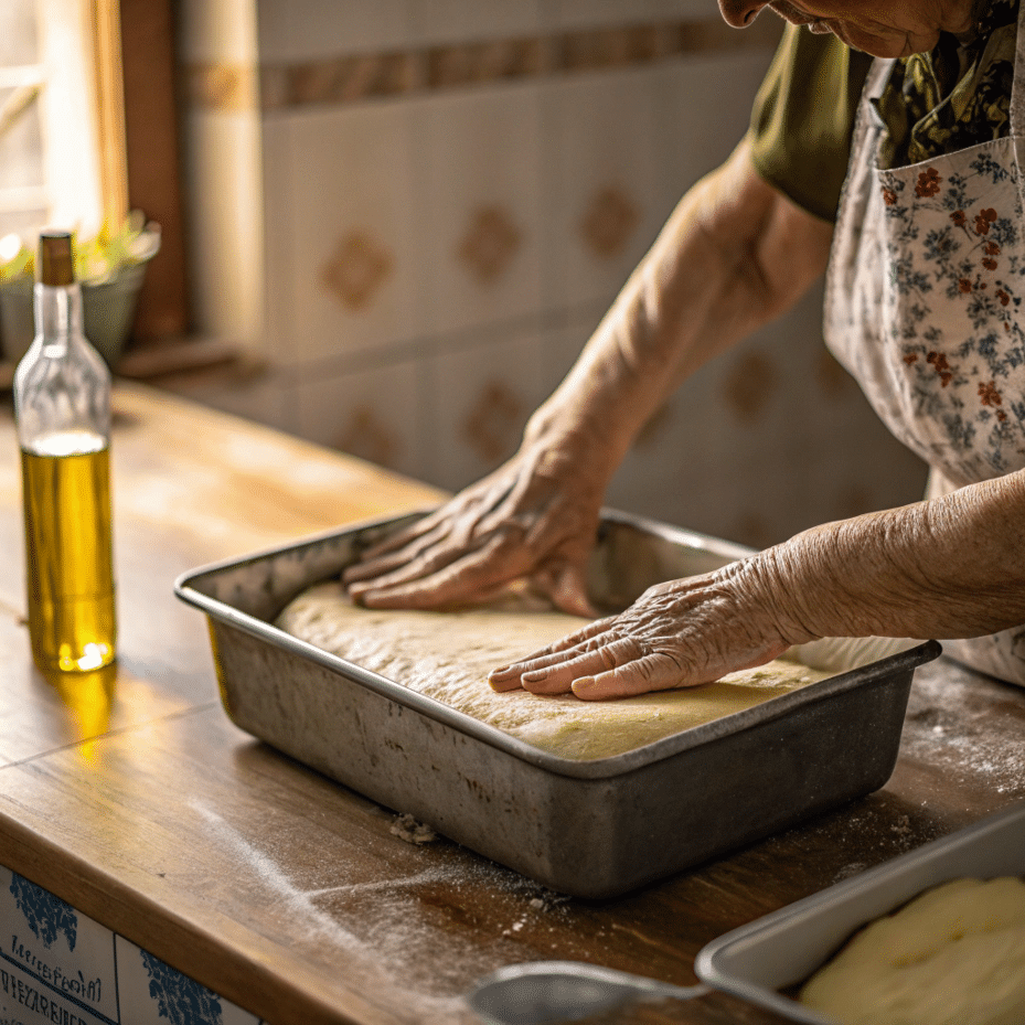 authentic-sicilian-pizza-step-by-step Nonna shaping pizza dough in a sheet pan