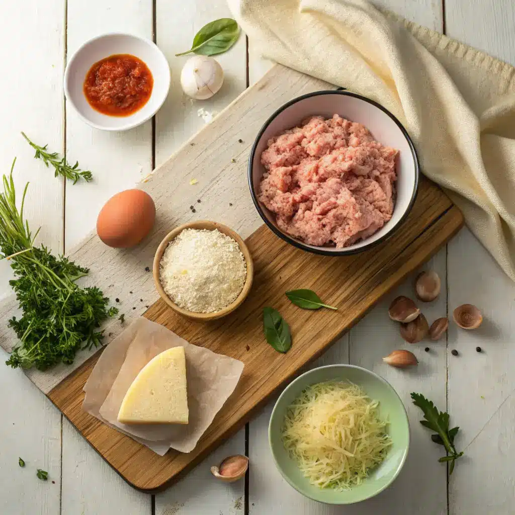chicken-crust-pizza-ingredients-rustic Chicken crust pizza ingredients laid out on a wooden board — chicken, cheese, egg, garlic, herbs