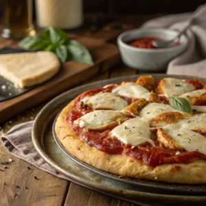 Homemade chicken crust pizza on rustic wooden table with basil and cheese