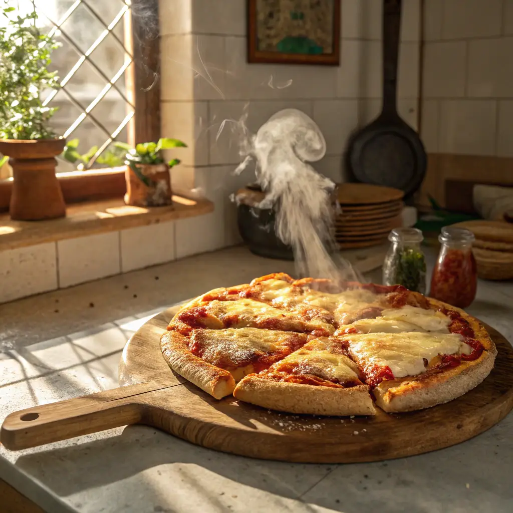 Fresh chicken crust pizza baked in a rustic Italian kitchen