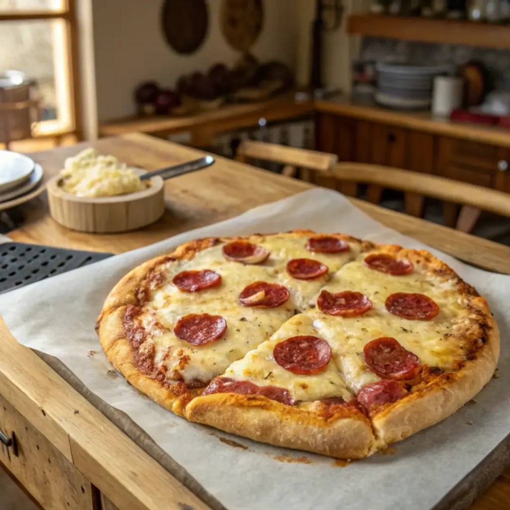 Cottage cheese pizza crust topped with melted cheese and sliced turkey pepperoni