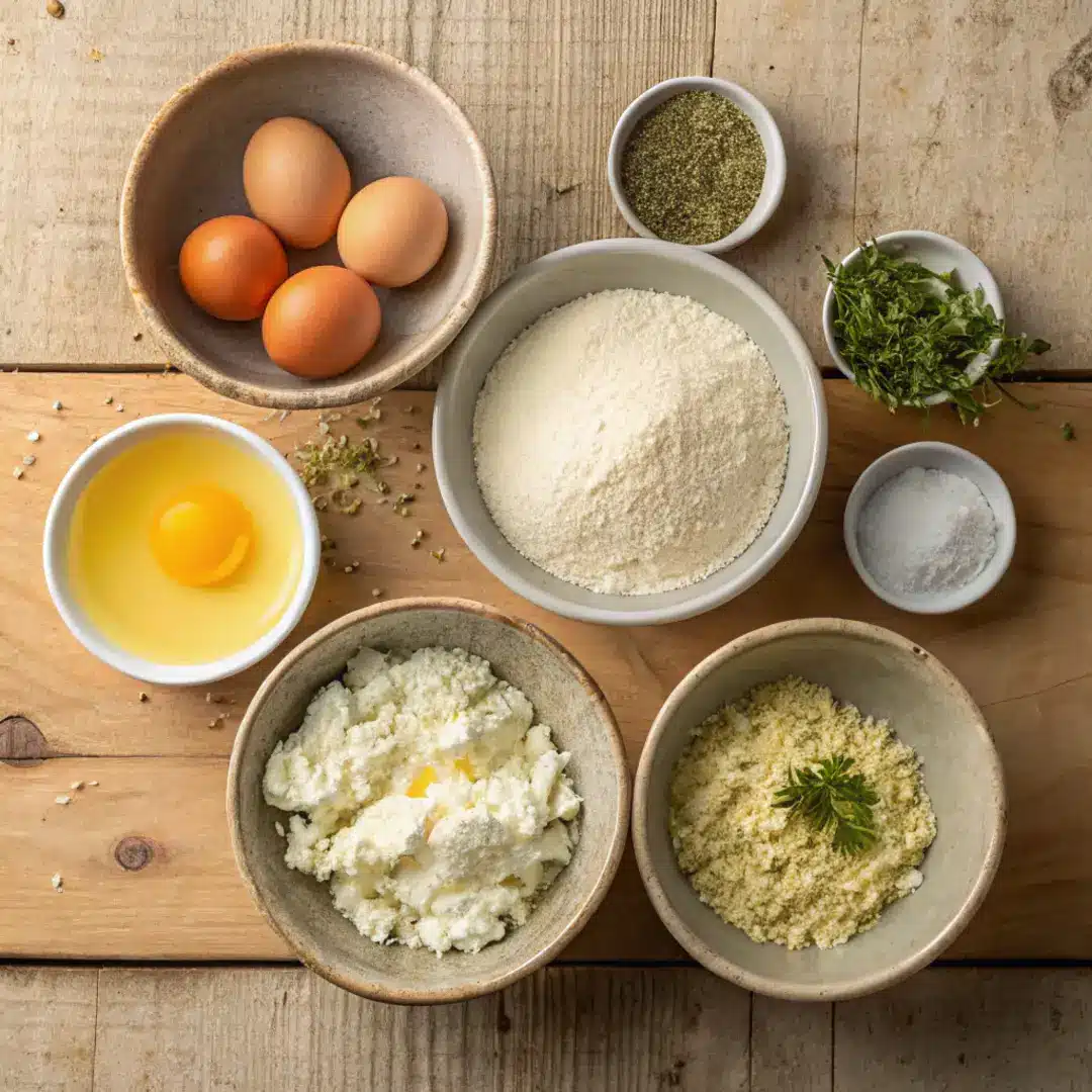 cottage-cheese-pizza-crust-ingredients Small bowls with cottage cheese, eggs, flour, and seasonings on a wooden surface