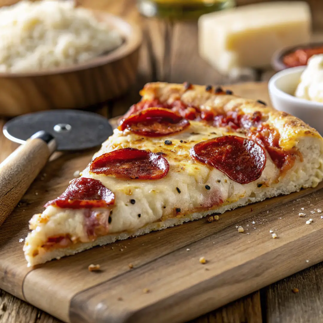 cottage-cheese-pizza-crust-sliced Sliced cottage cheese pizza crust with melted cheese
