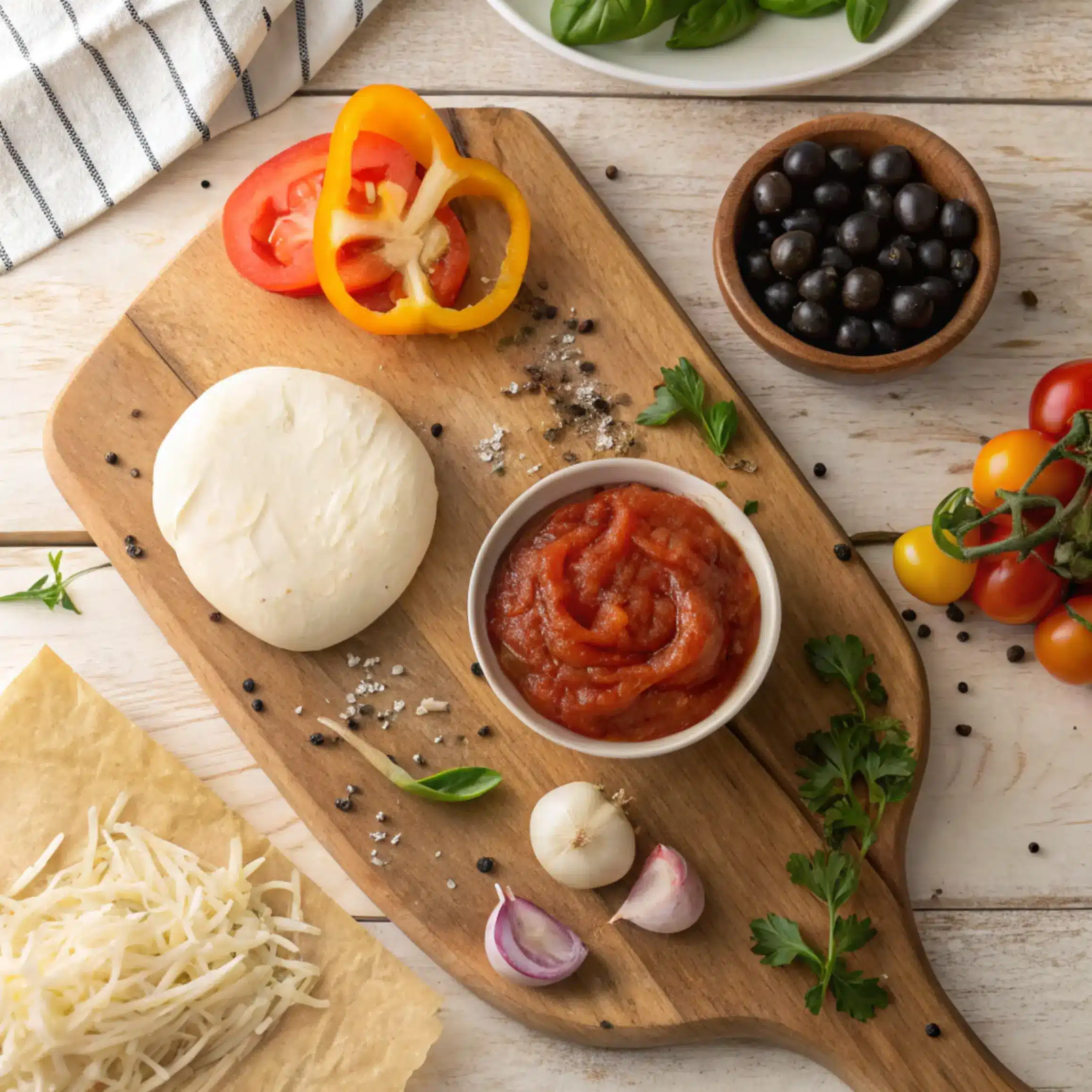 crustless-pizza-ingredients Ingredients for crustless pizza recipe on rustic wooden board