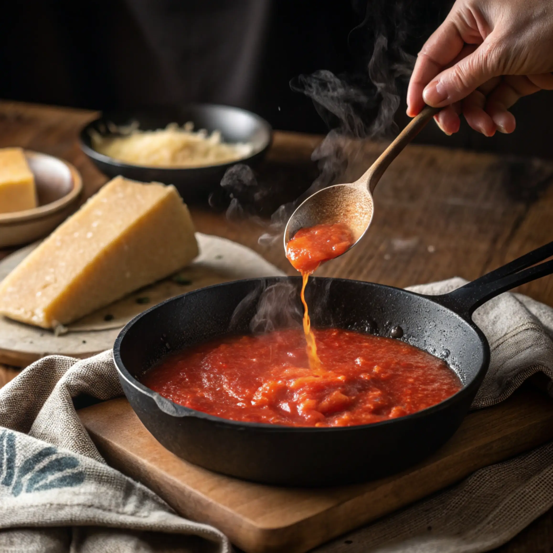 crustless-pizza-prep Crustless pizza recipe being prepared in hot cast iron skillet