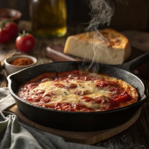 Crustless pizza recipe in cast iron skillet with bubbling cheese