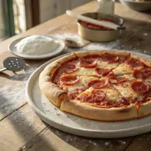 Detroit Style Pizza fresh from the oven with crispy cheese edges in a cozy kitchen