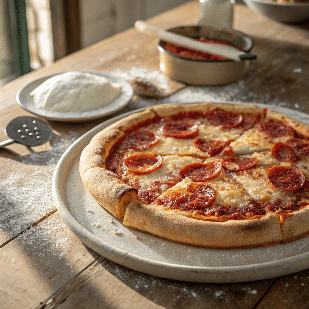 Detroit Style Pizza fresh from the oven with crispy cheese edges in a cozy kitchen