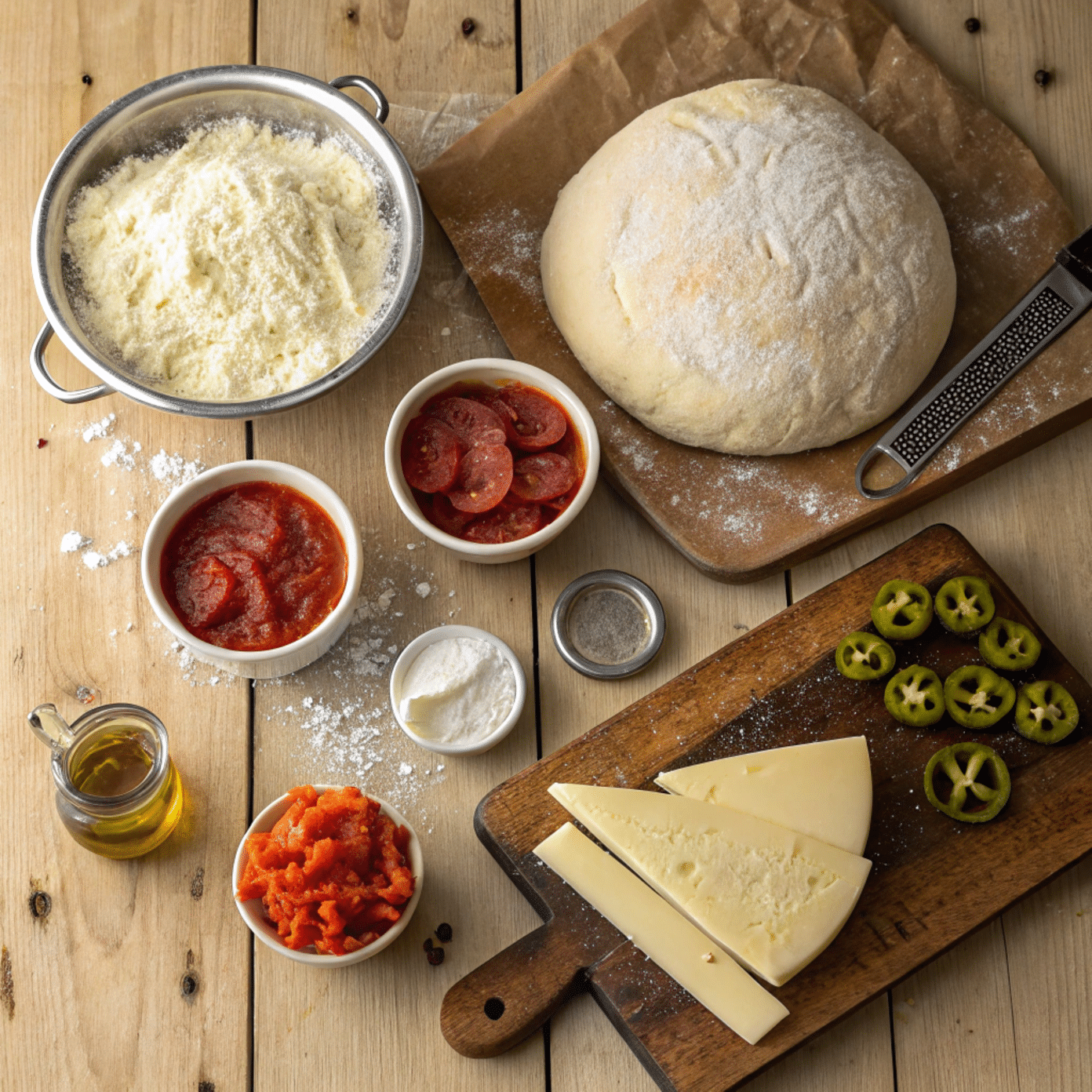 detroit-style-pizza-ingredients Detroit Style Pizza ingredients on a rustic kitchen table