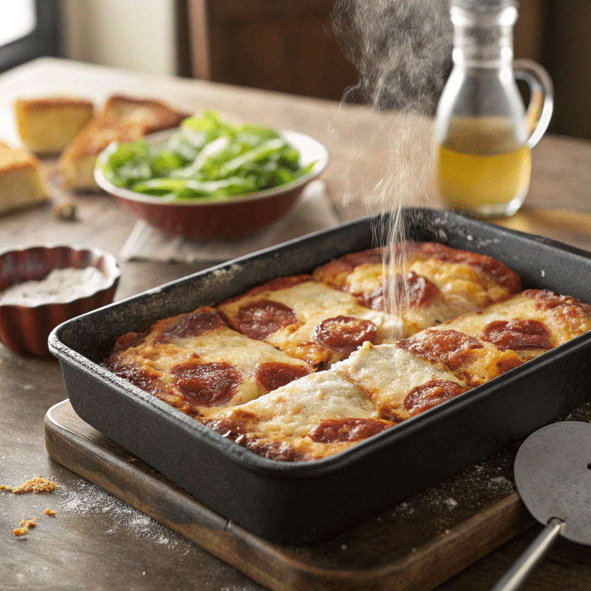 detroit-style-pizza-serving Detroit Style Pizza sliced in the pan with crispy edges and gooey cheese