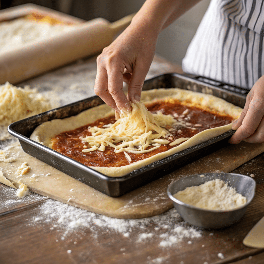 detroit-style-pizza-step-by-step Making Detroit Style Pizza dough in a buttered pan with cheese at the edges