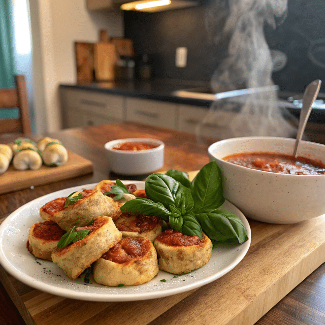 Gluten Free Pizza Rolls: A Wonderful Treat Made with Love 53 Gluten free pizza rolls served on a plate with basil