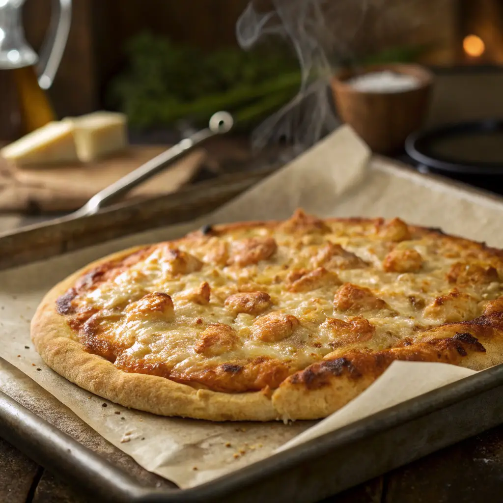 golden-chicken-crust-no-toppings Baked chicken crust pizza base fresh from the oven without toppings