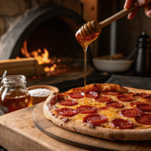 Hot honey sauce for pizza being drizzled over a fresh pepperoni slice