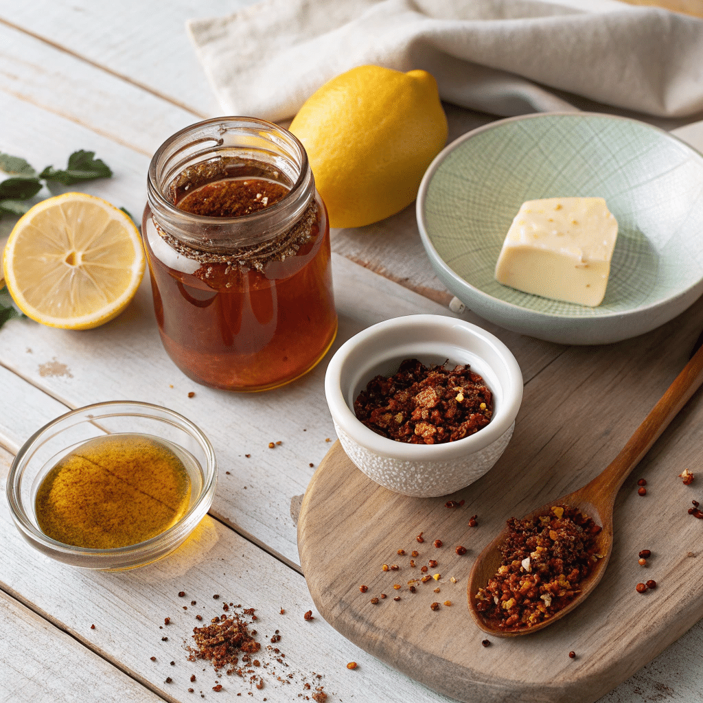 hot-honey-sauce-ingredients Ingredients for hot honey sauce for pizza including honey, chili flakes, lemon