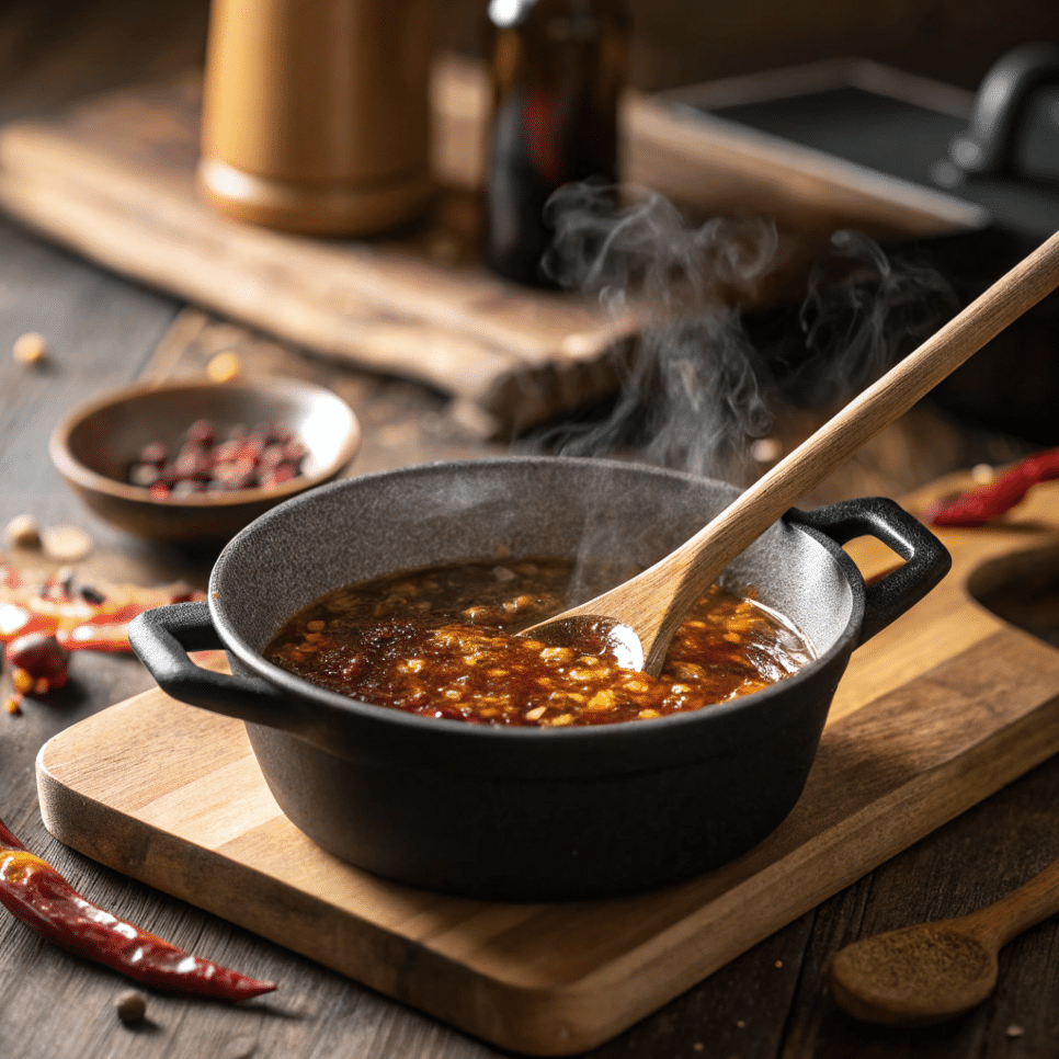 making-hot-honey-sauce Simmering hot honey sauce for pizza with chili flakes in a small saucepan