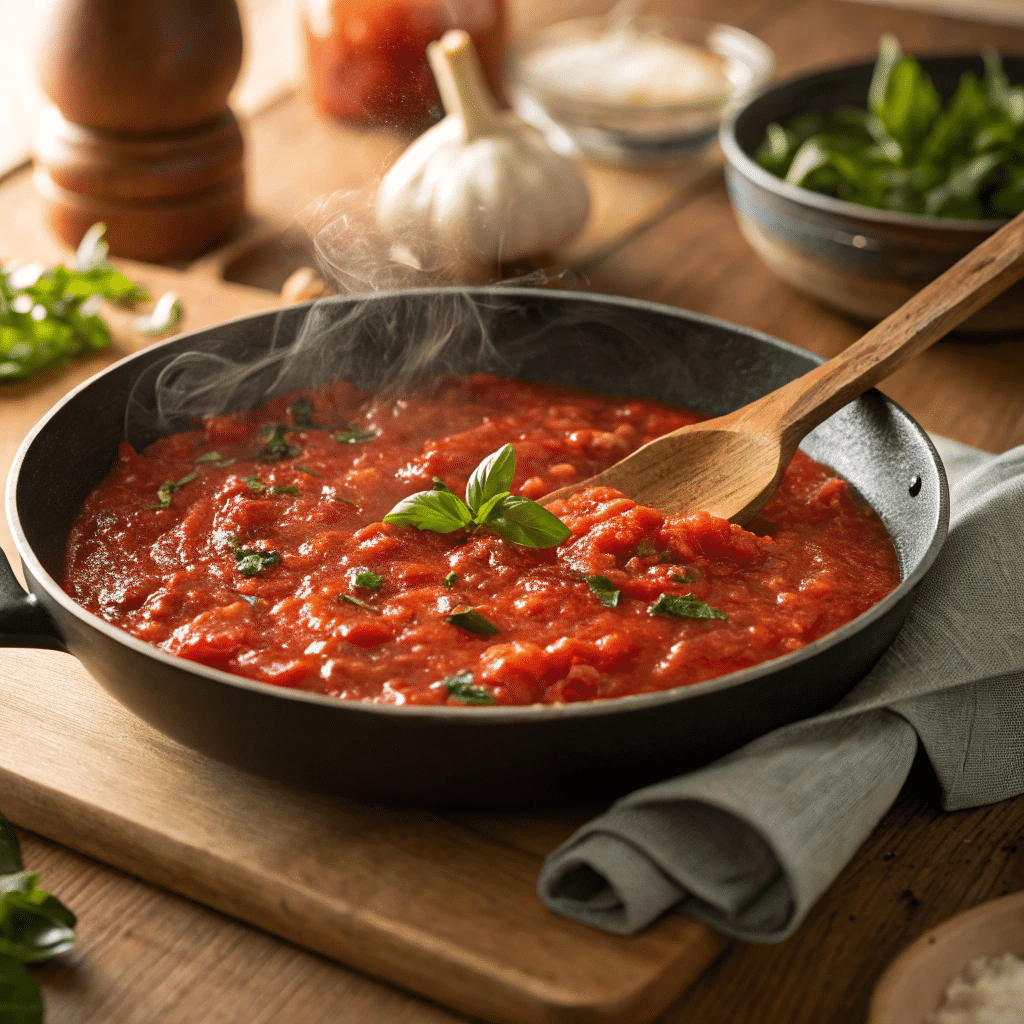 marinara-sauce-simmering-fresh Marinara sauce simmering in a pan with garlic and basil