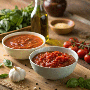 Side-by-side bowls of marinara vs pizza sauce in an Italian kitchen