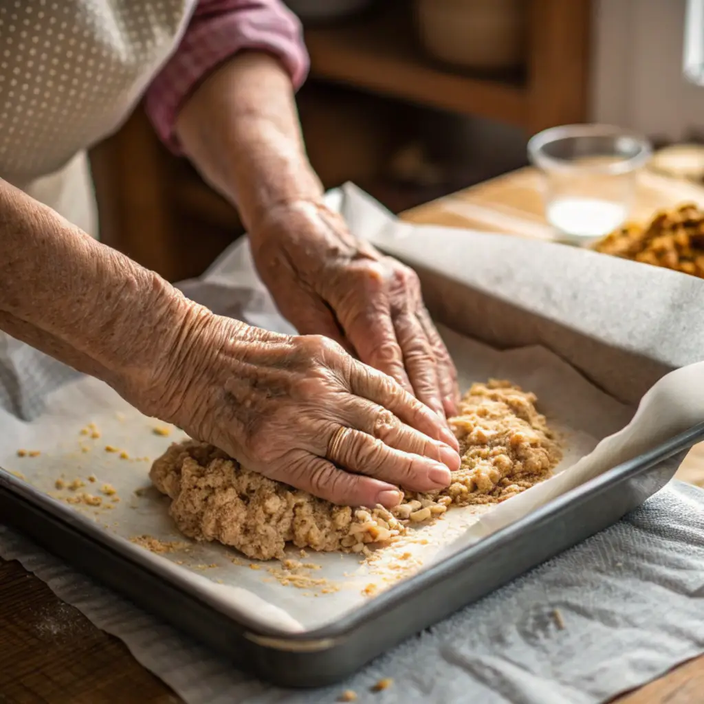 nonna-hands-shaping-chicken-crust Nonna shaping chicken crust pizza base by hand in a parchment-lined tray