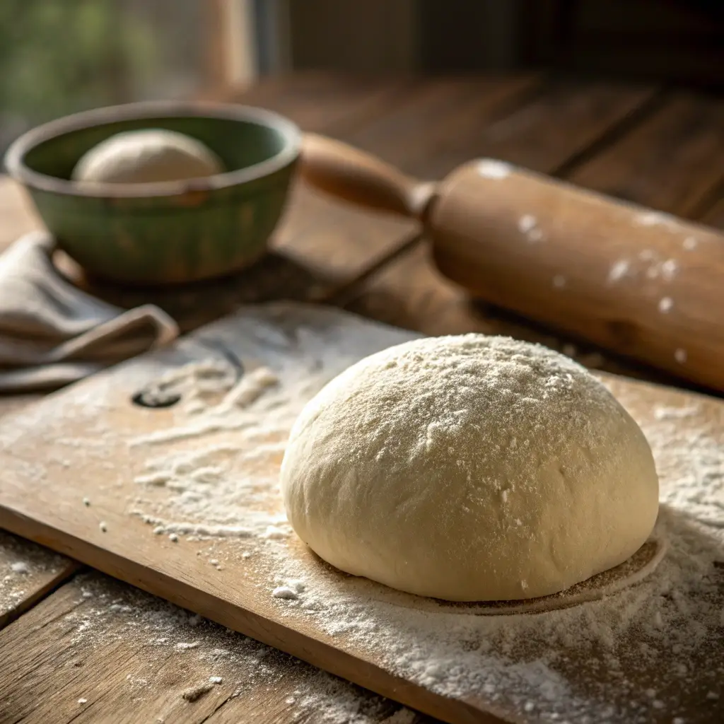 Ball of homemade pizza dough on a rustic wooden table