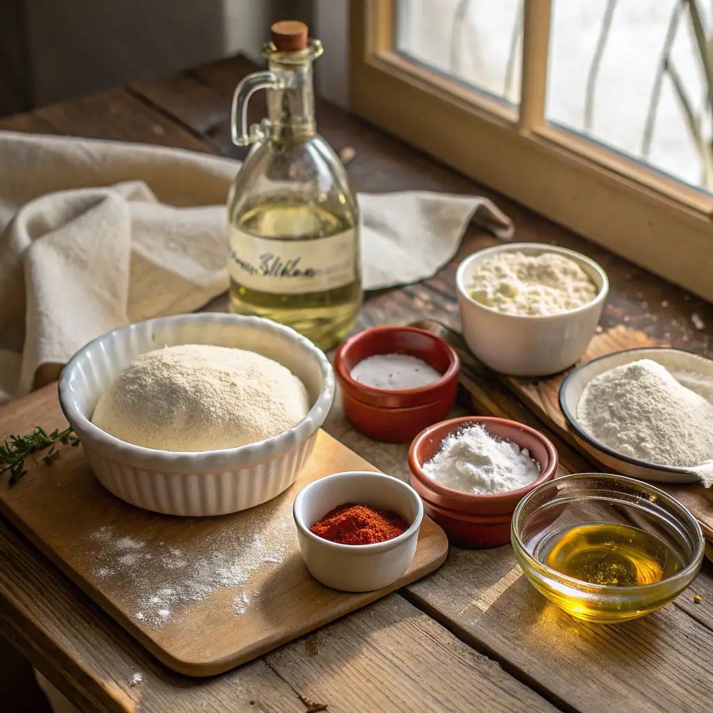 pizza-dough-ingredients Simple ingredients for pizza dough arranged on a kitchen table