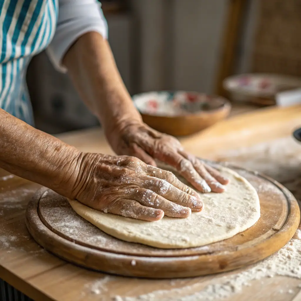 pizza-dough-step-by-step Hands kneading pizza dough on a floured wooden board