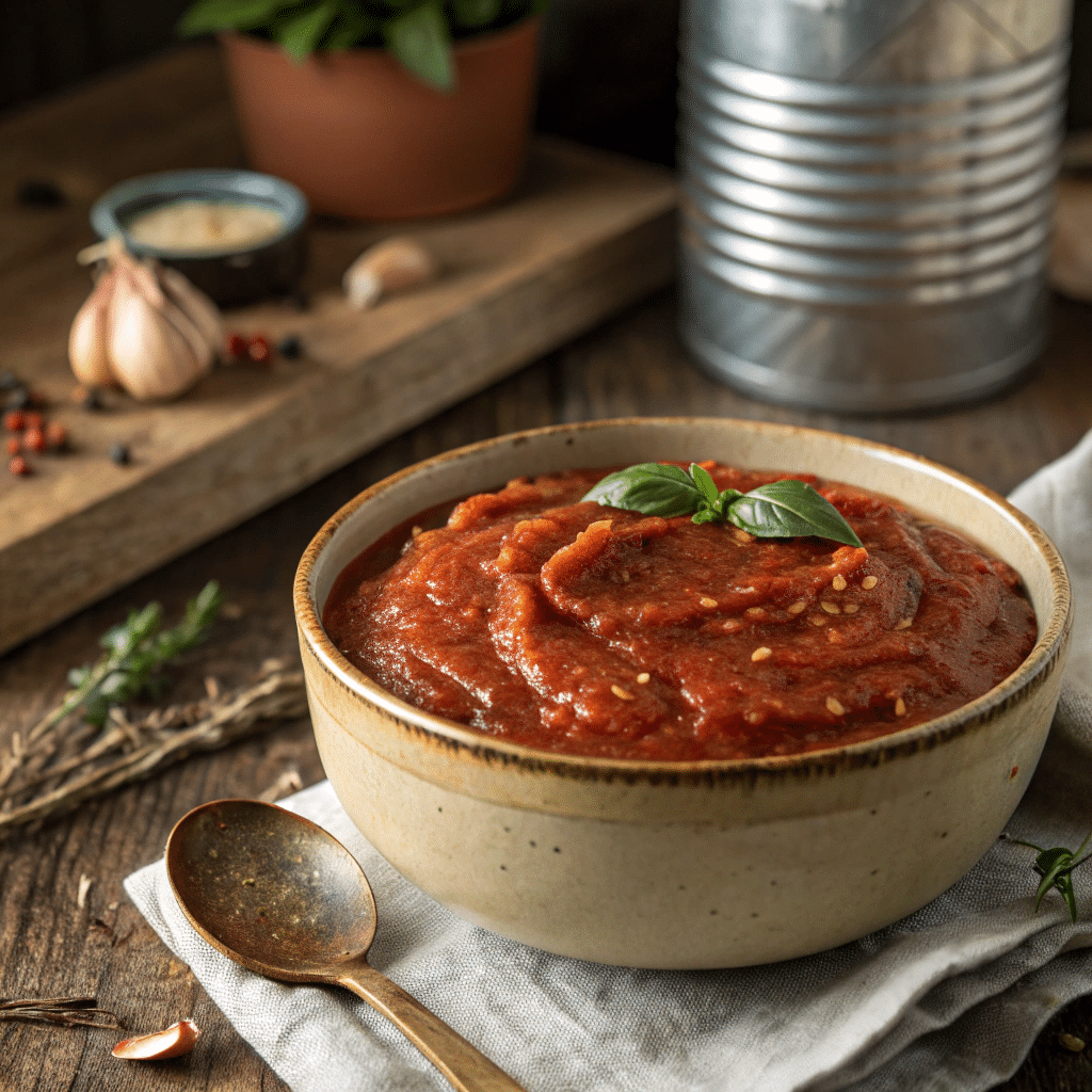 pizza-sauce-uncooked-homemade Homemade pizza sauce in a bowl on wooden table