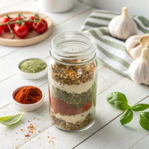 Pizza Seasoning in a glass jar on a wooden surface