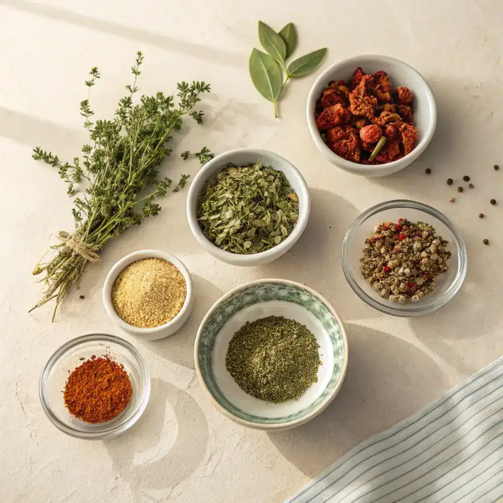 pizza-seasoning-recipe-ingredients Dried herbs for pizza seasoning in small bowls