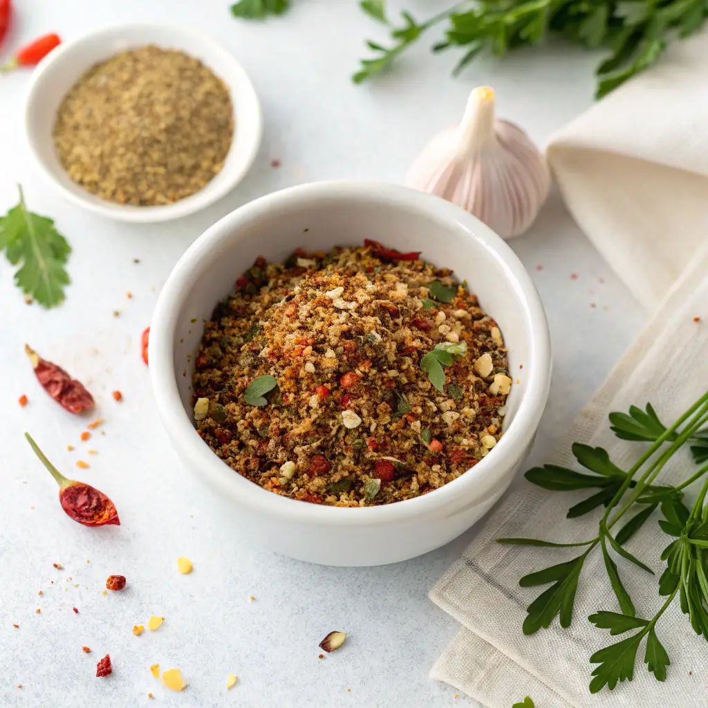 pizza-seasoning-recipe-preparation Mixed herbs in a small white bowl for pizza seasoning