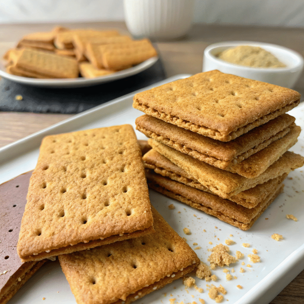 freshly baked sourdough graham crackers stacked on parchment