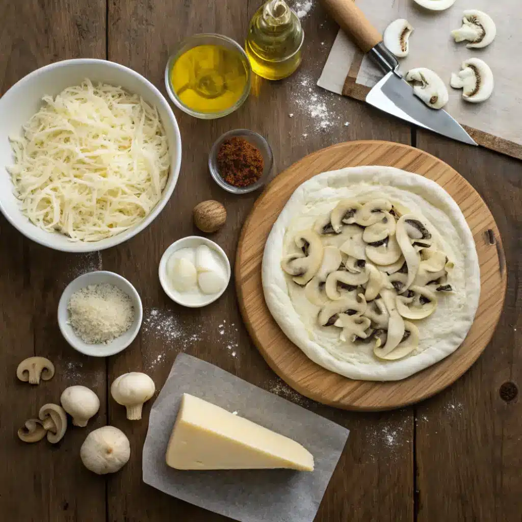 Truffle Mushroom White Pizza: A Stunning, Irresistible Feast of Love & Flavor 53 Ingredients for truffle mushroom white pizza on rustic wooden table
