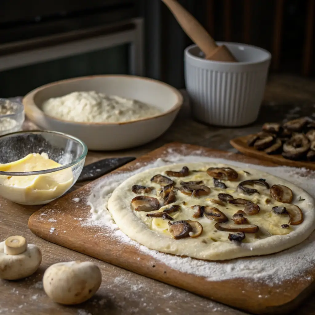 Truffle Mushroom White Pizza: A Stunning, Irresistible Feast of Love & Flavor 54 Dough being topped for truffle mushroom white pizza with mushrooms and sauce