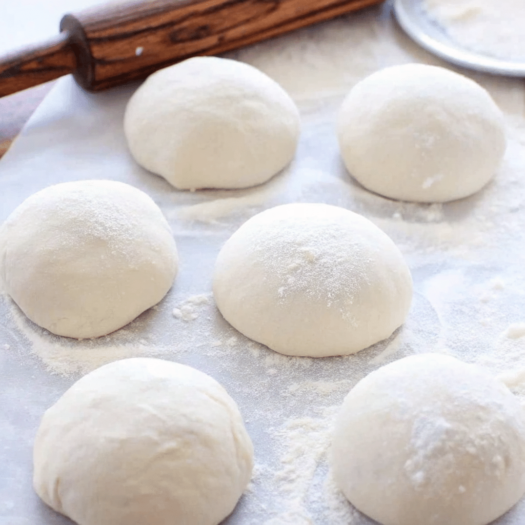 uthentic-italian-pizza-dough-balls-rising Authentic Italian pizza dough balls resting and rising on floured surface