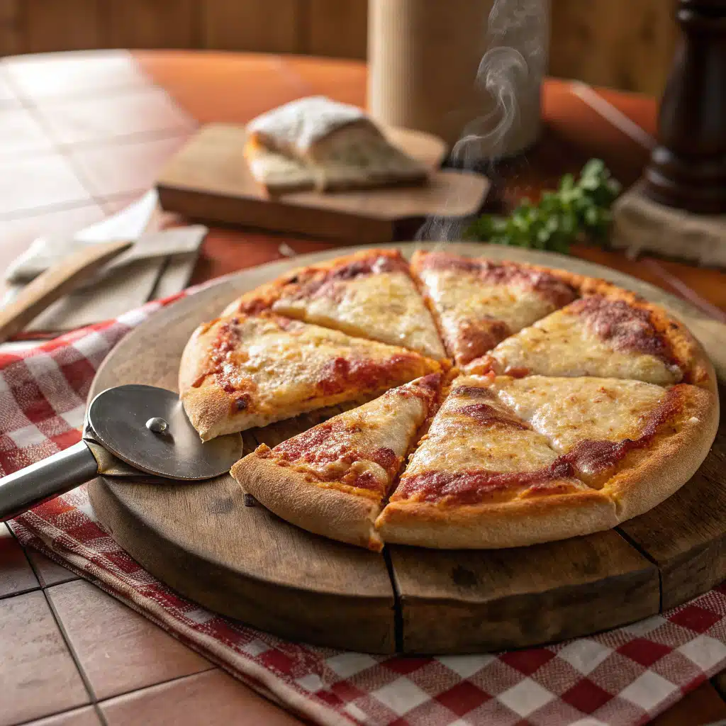 air-fryer-frozen-pizza-final-serving Sliced air fryer frozen pizza served on a plate
