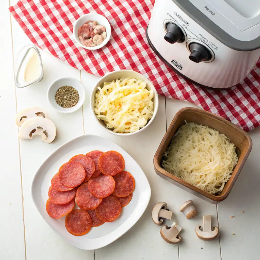air-fryer-frozen-pizza-ingredients Ingredients for air fryer frozen pizza including frozen pizza and toppings