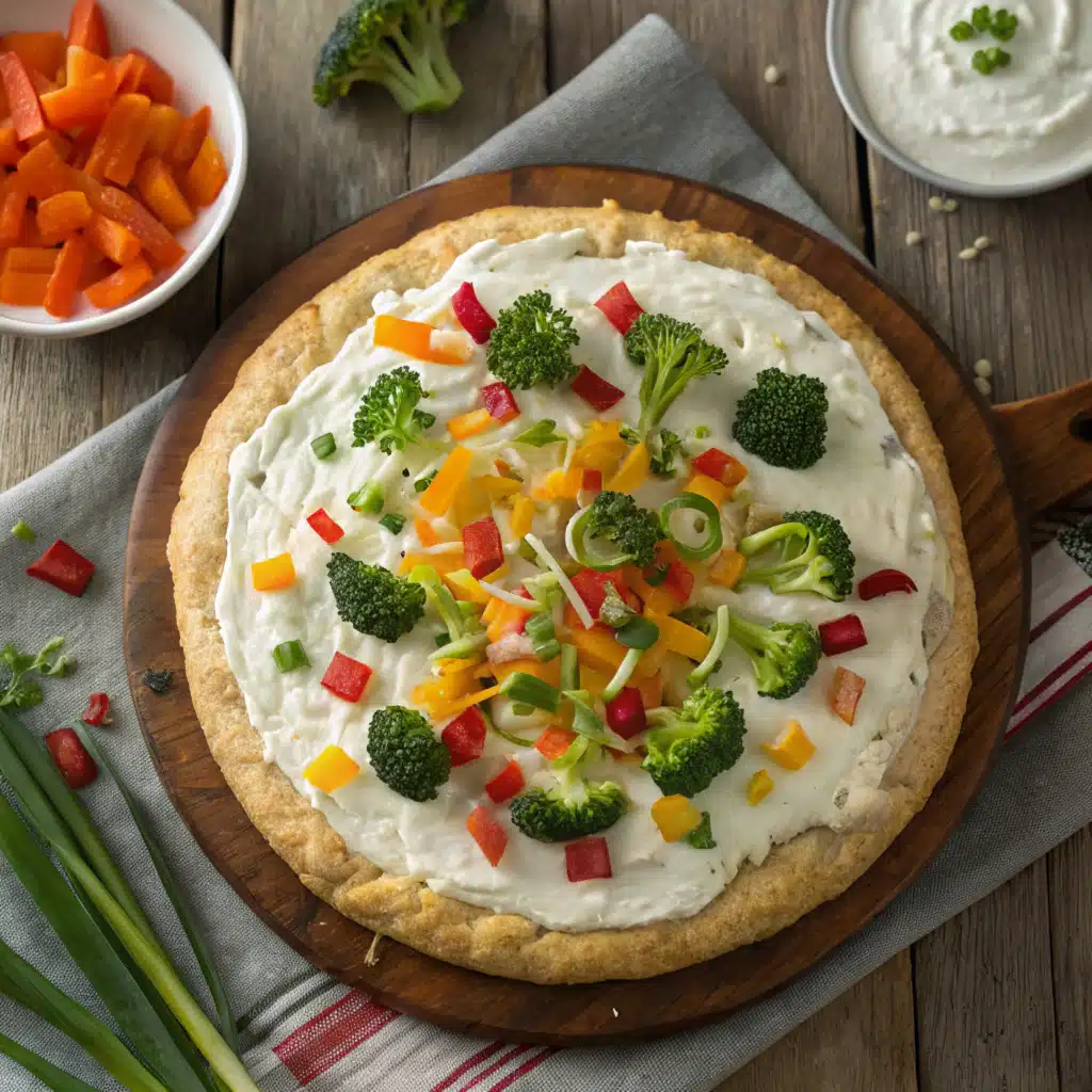 Cold veggie pizza topped with colorful fresh vegetables