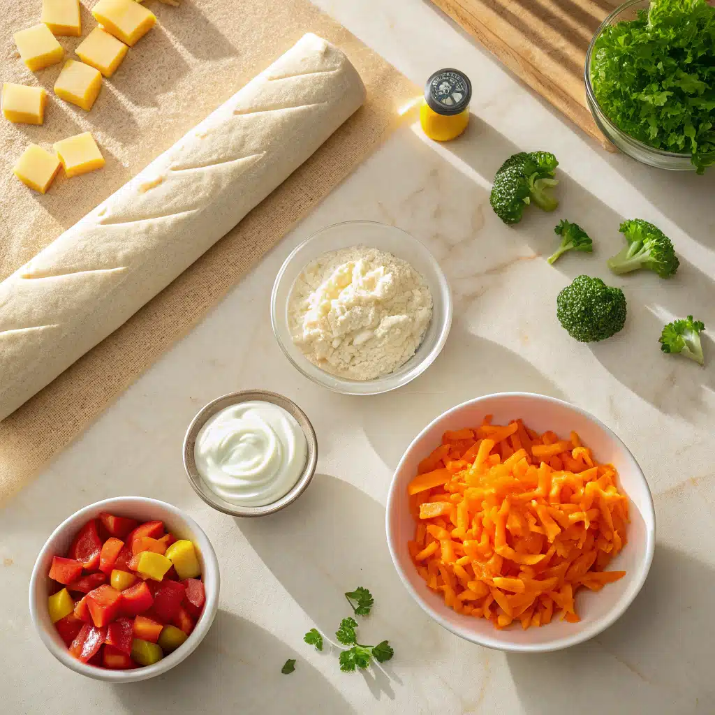 cold-veggie-pizza-ingredients Ingredients for making cold veggie pizza arranged neatly
